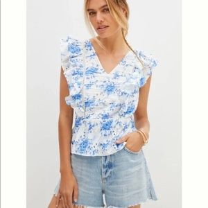 NWT Anthropologie Forever that Girl Ruffled Floral Blue and White Eyelet Blouse